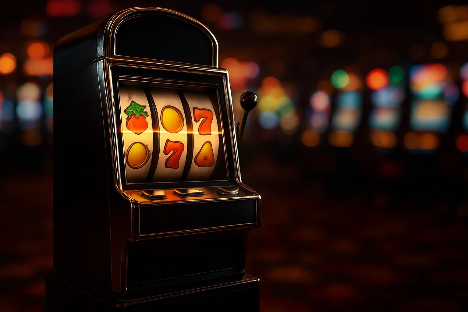Complete classic slot machine with three reels mid-spin on casino floor